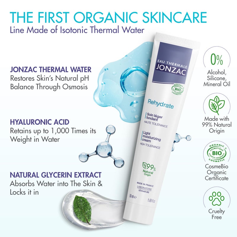 JONZAC Eau Thermale Rehydrate Organic Light Moisturzing Cream for Daily Use - Facial Cream Providing 24hr Hydration with Pure Hyaluronic Acid - Mother's Day - Sensitive Skin Approved - 1.69 Fl Oz - Image 2